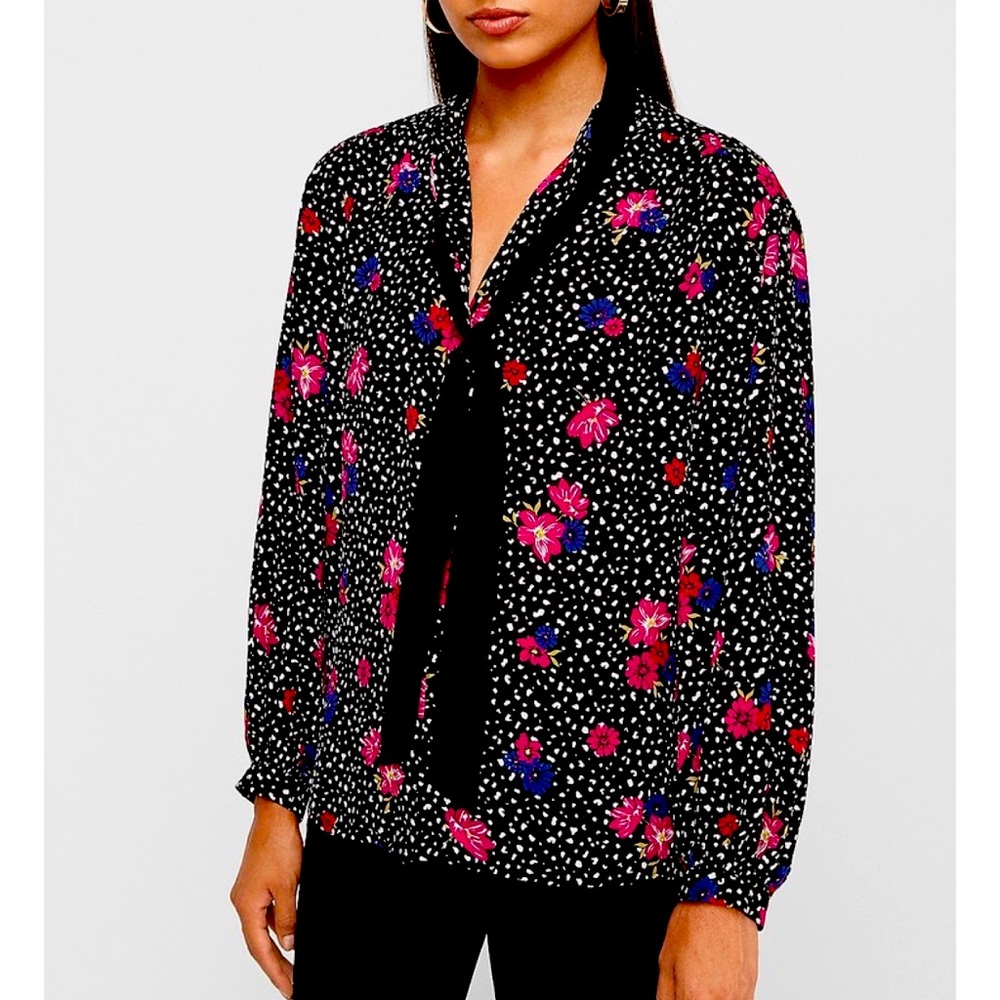 Express Floral Tie Neck Black Balloon Sleeve Blouse